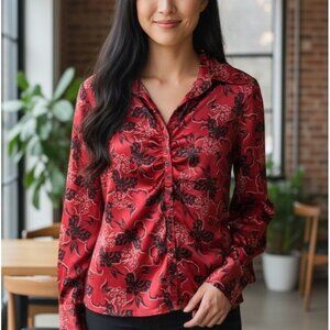 Y2k Red Black Shirred Button Down Boho Grunge Vamp Whimsigoth Top Womens Medium